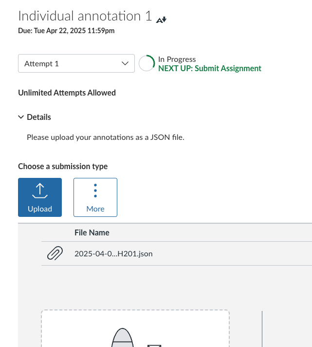 BruinLearn interface, showing a JSON file uploaded as a response to the "Individual Annotation 1" assignment.